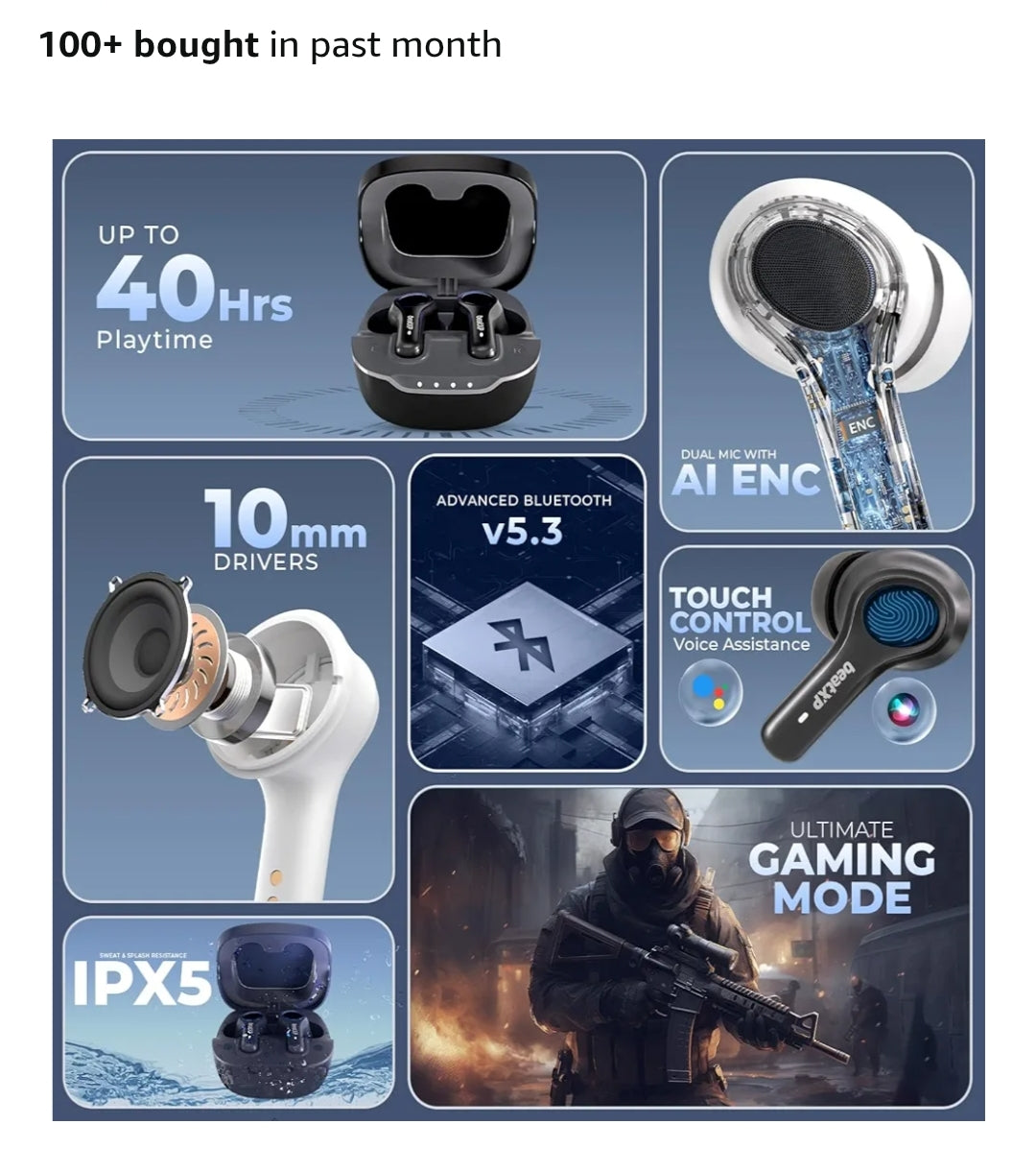 beatXP Pulse XPods Bluetooth True Wireless Ear Buds with 40H Playtime, Dual Mic AI ENC, Low Latency for Gaming Mode, Type C Earphone with 10mm Drivers, IPX5, BT 5.3, Touch Control (Black)