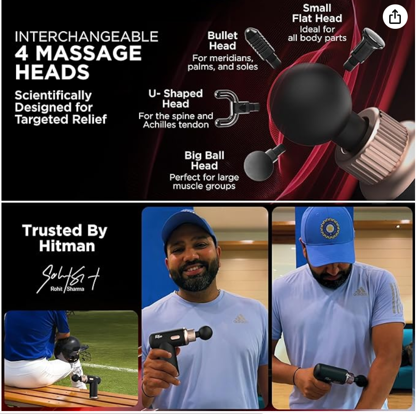 Dr Physio USA Dynamo 1034 Percussion Gun Massager for Full Body Pain Relief, Rechargeable Cordless Deep Tissue Massage Machine for Legs & Arms, Use at Home, Gym & During Travel