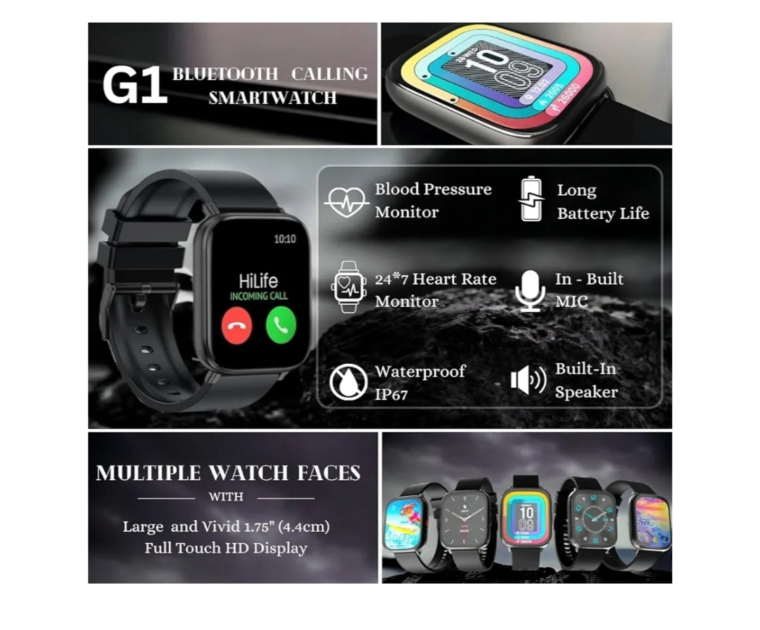 Hungama HiLife G1 Bluetooth Calling Smartwatch with 1.75"(4.4cm) Full Touch HD Display, Built in Speaker and Mic, SpO2, Blood Pressure & Heart Rate Monitor,IP67 Waterproof, Multiple Watch Faces